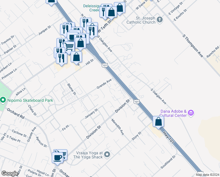 map of restaurants, bars, coffee shops, grocery stores, and more near 367 Avenida De Amigos in Nipomo