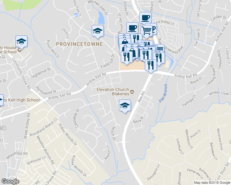 map of restaurants, bars, coffee shops, grocery stores, and more near 10201 Blakeney Preserve Drive in Charlotte