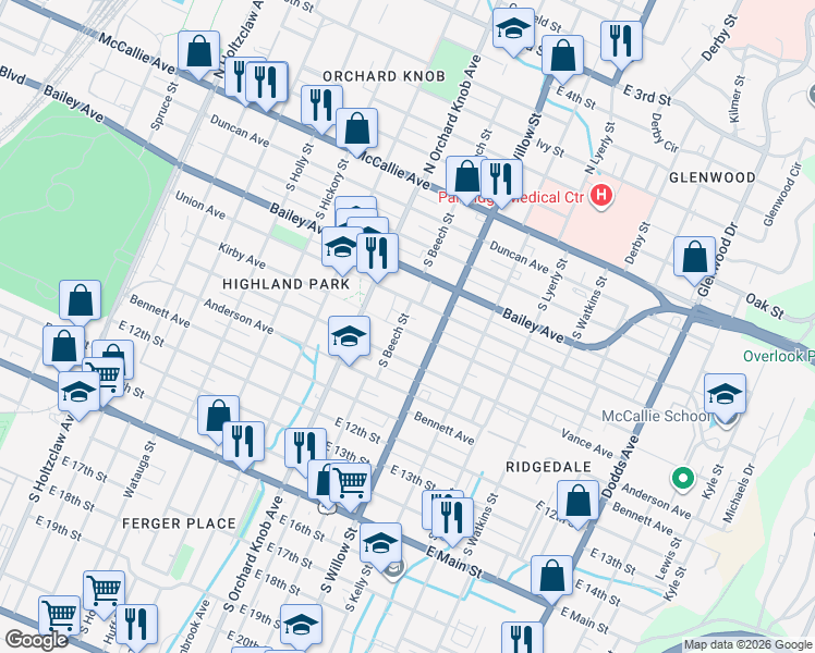 map of restaurants, bars, coffee shops, grocery stores, and more near 710 South Beech Street in Chattanooga
