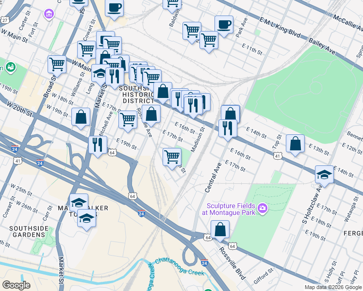map of restaurants, bars, coffee shops, grocery stores, and more near 630 East 17th Street in Chattanooga