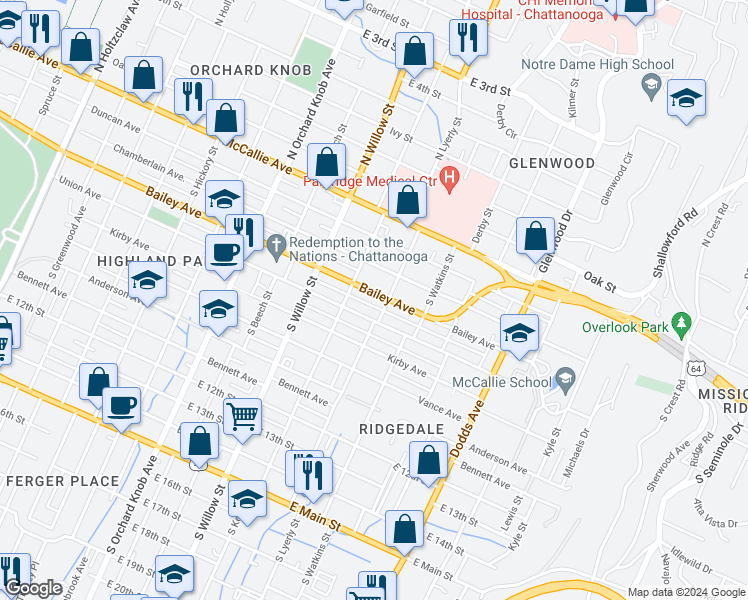 map of restaurants, bars, coffee shops, grocery stores, and more near 2212 Bailey Avenue in Chattanooga