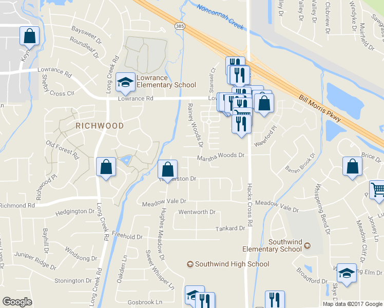 map of restaurants, bars, coffee shops, grocery stores, and more near 7886 Marsha Woods Drive in Memphis