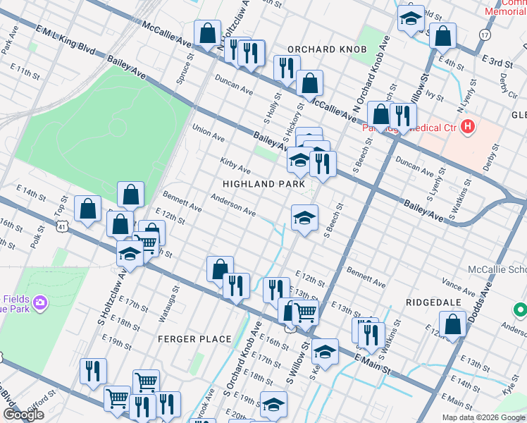 map of restaurants, bars, coffee shops, grocery stores, and more near 1711 Anderson Avenue in Chattanooga