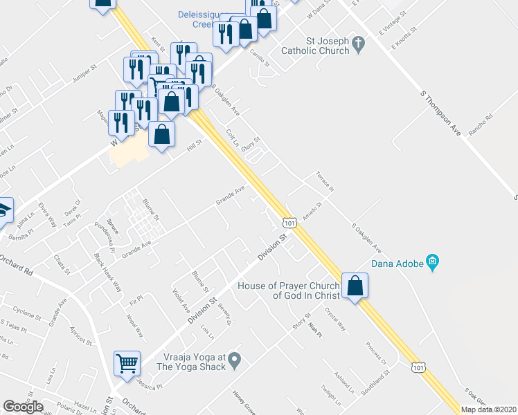 map of restaurants, bars, coffee shops, grocery stores, and more near 361 South Frontage Road in Nipomo