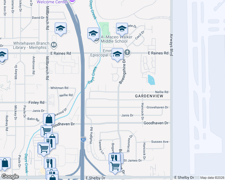 map of restaurants, bars, coffee shops, grocery stores, and more near 1970 Nellie Road in Memphis