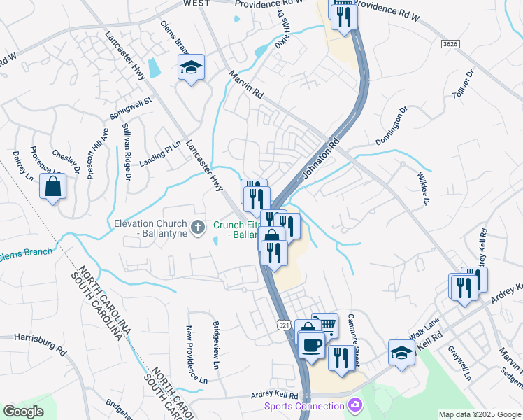 map of restaurants, bars, coffee shops, grocery stores, and more near 16232 Johnston Road in Charlotte