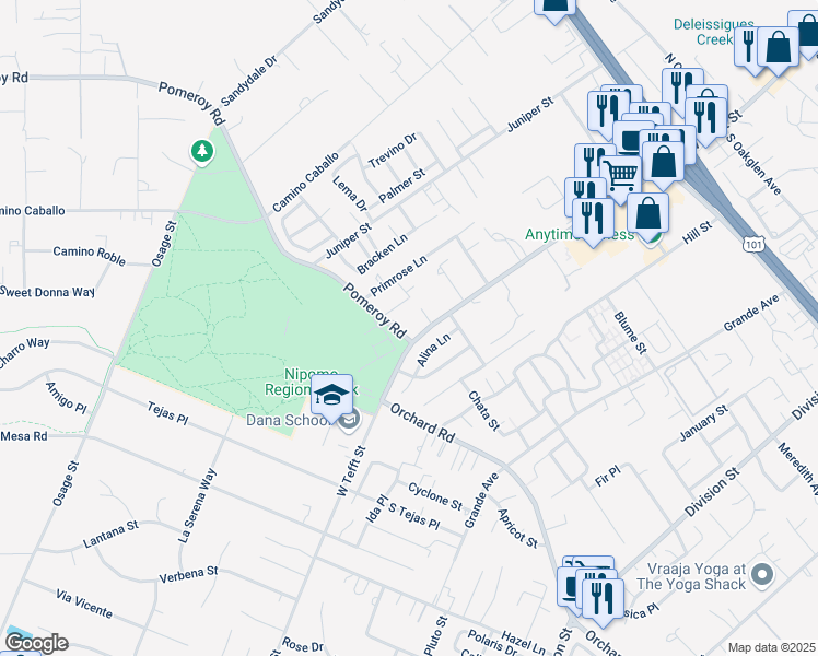 map of restaurants, bars, coffee shops, grocery stores, and more near 102 Pomeroy Road in Nipomo