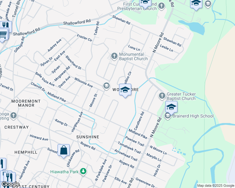 map of restaurants, bars, coffee shops, grocery stores, and more near 800 Woodmore Lane in Chattanooga