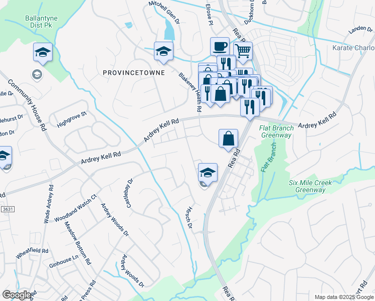 map of restaurants, bars, coffee shops, grocery stores, and more near 10142 Blakeney Preserve Drive in Charlotte