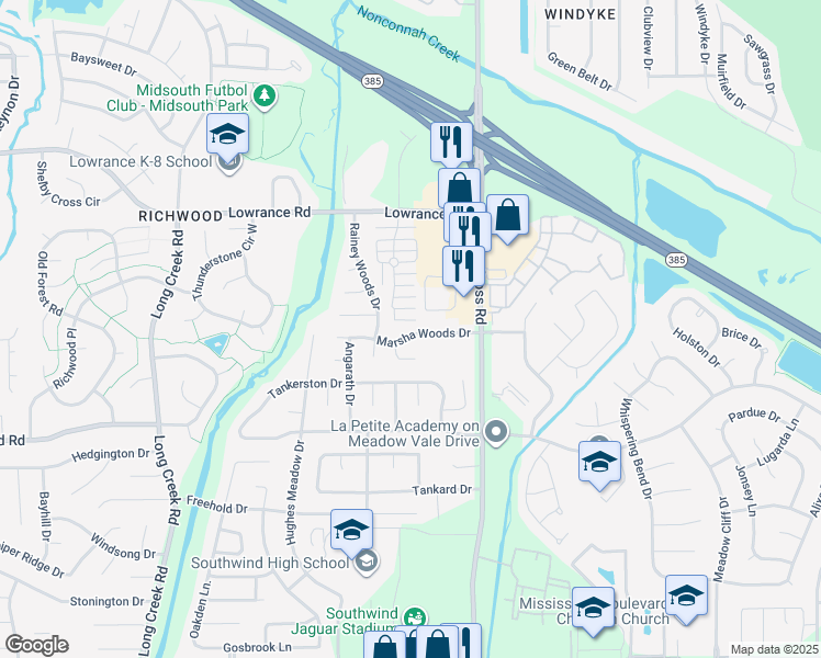 map of restaurants, bars, coffee shops, grocery stores, and more near 7932 Marsha Woods Drive in Memphis