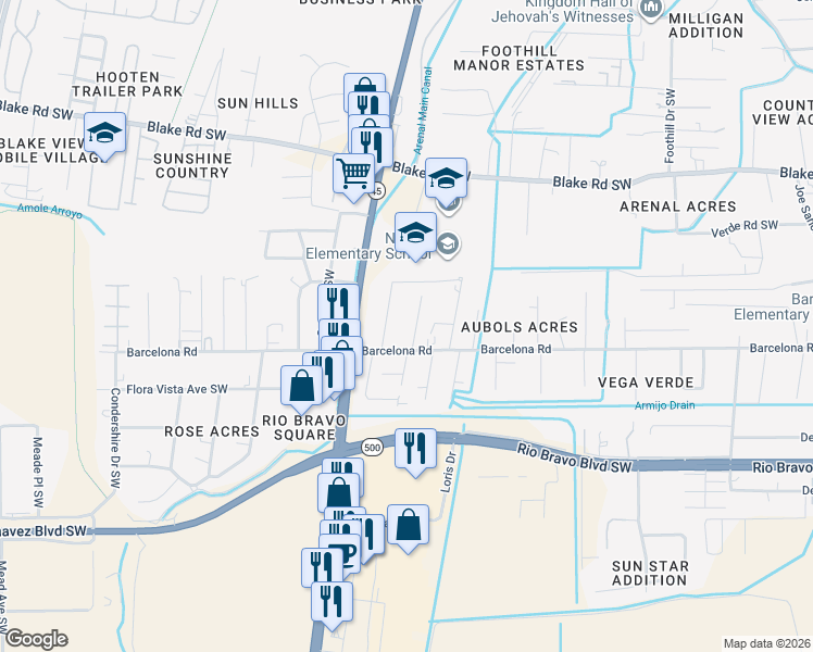 map of restaurants, bars, coffee shops, grocery stores, and more near 3045 Dover Road Southwest in Albuquerque