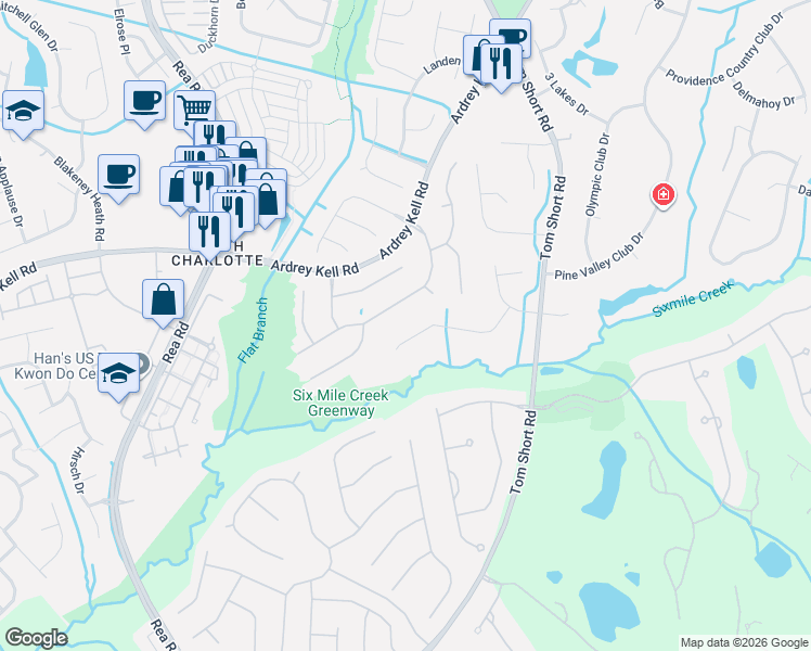 map of restaurants, bars, coffee shops, grocery stores, and more near 13221 Whisper Creek Drive in Charlotte