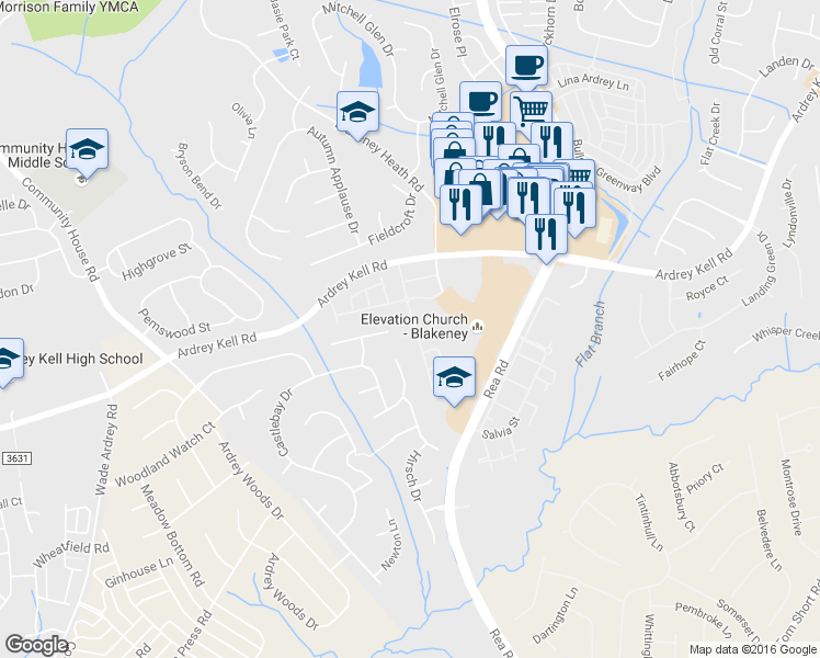map of restaurants, bars, coffee shops, grocery stores, and more near 10206 Blakeney Preserve Drive in Charlotte