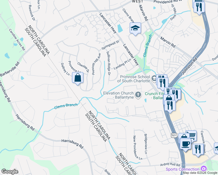 map of restaurants, bars, coffee shops, grocery stores, and more near 15822 Sullivan Ridge Drive in Charlotte