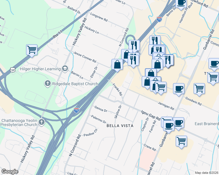 map of restaurants, bars, coffee shops, grocery stores, and more near 1911 Croy Lane in Chattanooga