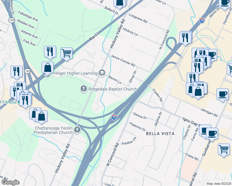 map of restaurants, bars, coffee shops, grocery stores, and more near 6822 Chiswick Drive in Chattanooga