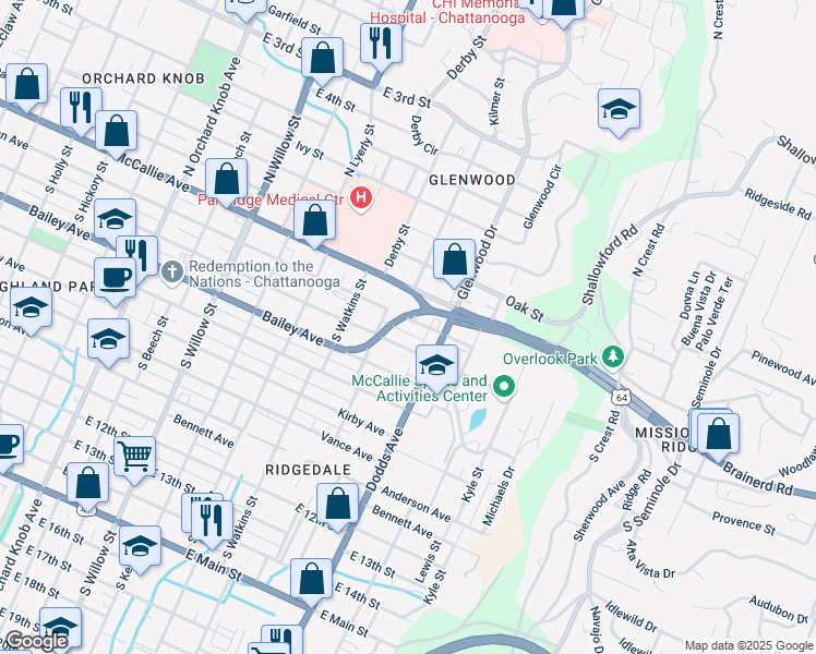 map of restaurants, bars, coffee shops, grocery stores, and more near 2509 Chamberlain Avenue in Chattanooga