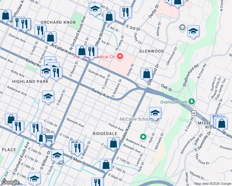 map of restaurants, bars, coffee shops, grocery stores, and more near 2430 Chamberlain Avenue in Chattanooga