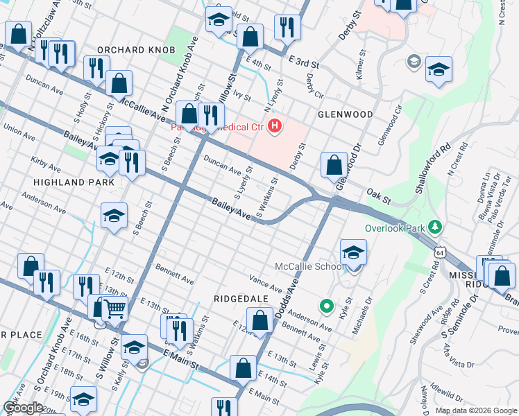 map of restaurants, bars, coffee shops, grocery stores, and more near 2313 Tennessee 2 in Chattanooga