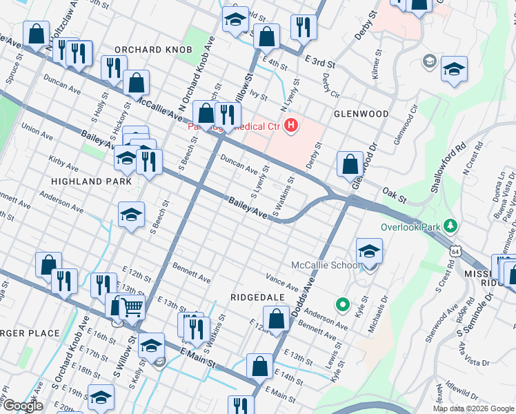 map of restaurants, bars, coffee shops, grocery stores, and more near 2313 Tennessee 2 in Chattanooga