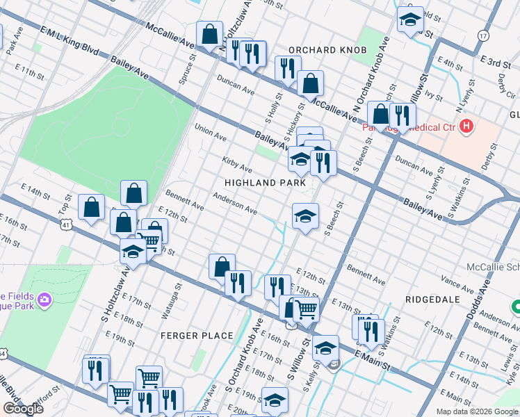 map of restaurants, bars, coffee shops, grocery stores, and more near 1003 South Hickory Street in Chattanooga