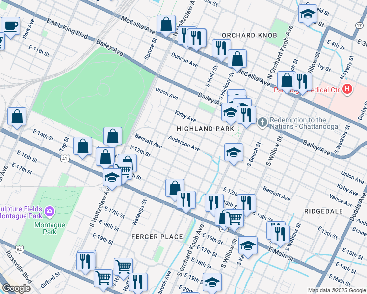 map of restaurants, bars, coffee shops, grocery stores, and more near 1515 Bennett Avenue in Chattanooga