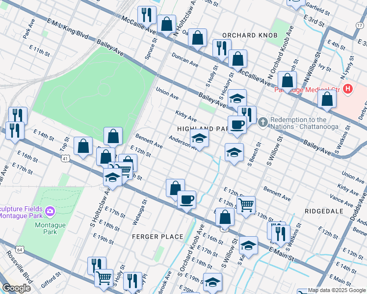 map of restaurants, bars, coffee shops, grocery stores, and more near 1515 Bennett Avenue in Chattanooga