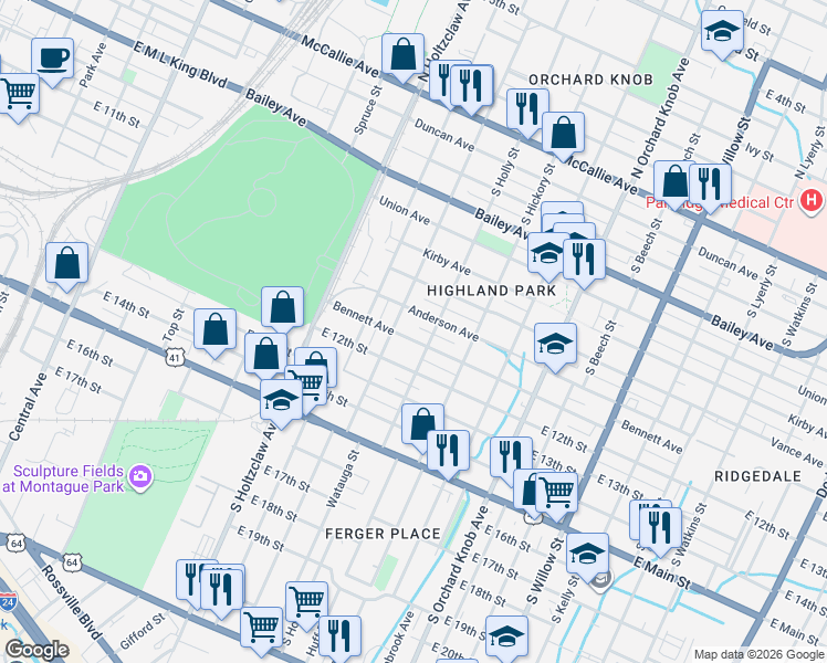 map of restaurants, bars, coffee shops, grocery stores, and more near 1515 Bennett Avenue in Chattanooga