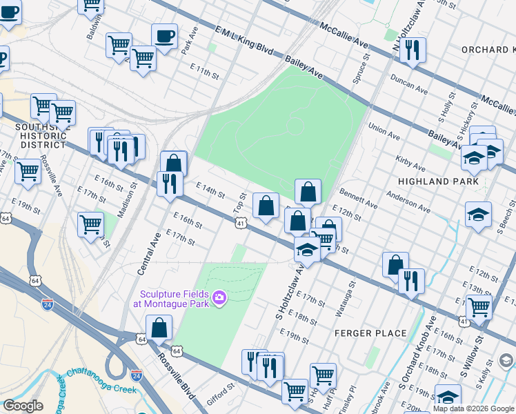 map of restaurants, bars, coffee shops, grocery stores, and more near 1111 East 14th Street in Chattanooga