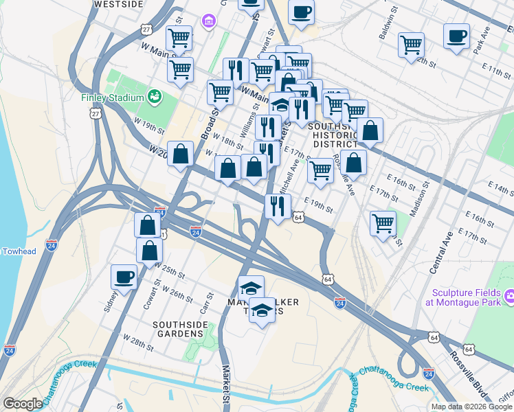 map of restaurants, bars, coffee shops, grocery stores, and more near 18 West 21st Street in Chattanooga