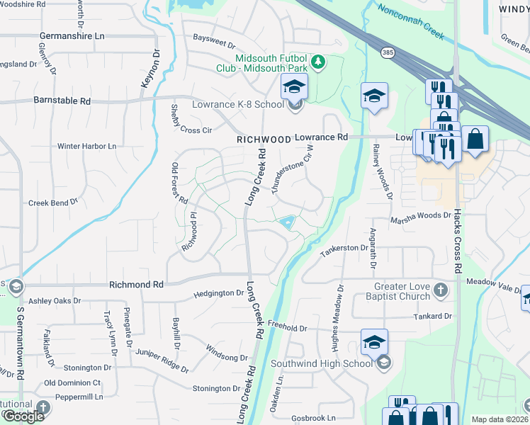 map of restaurants, bars, coffee shops, grocery stores, and more near 4312 Long Creek Road in Memphis