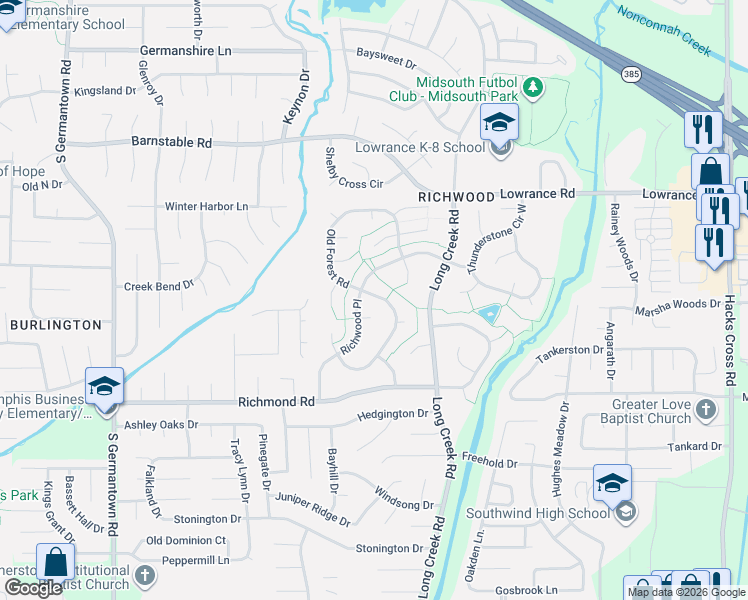 map of restaurants, bars, coffee shops, grocery stores, and more near 7560 Daniel Riggs Cove in Memphis