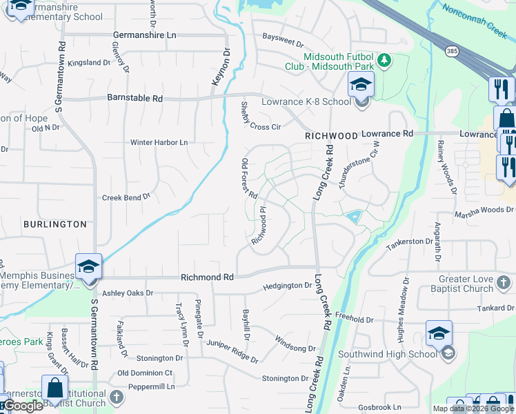 map of restaurants, bars, coffee shops, grocery stores, and more near 7493 Quicksilver Cove in Memphis
