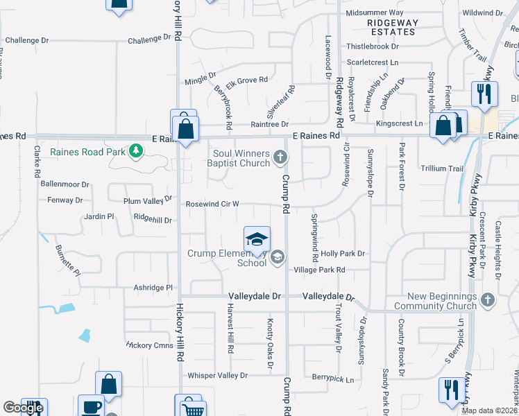 map of restaurants, bars, coffee shops, grocery stores, and more near 4305 Crimson Tree Cove in Memphis