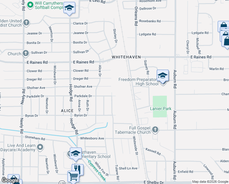 map of restaurants, bars, coffee shops, grocery stores, and more near 4312 Tulane Road in Memphis