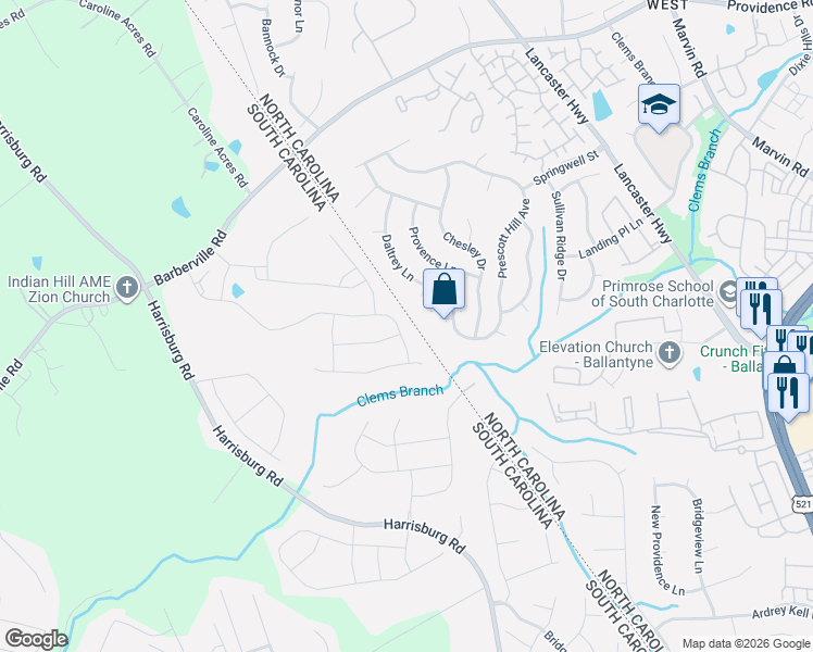 map of restaurants, bars, coffee shops, grocery stores, and more near 16000 Caranna Court in Charlotte