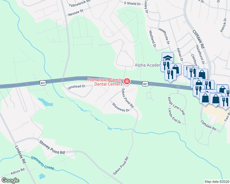 map of restaurants, bars, coffee shops, grocery stores, and more near 8218 Dunholme Drive in Fayetteville