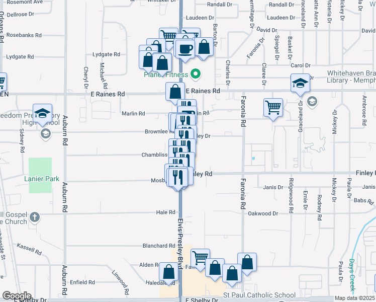 map of restaurants, bars, coffee shops, grocery stores, and more near 4290 Elvis Presley Boulevard in Memphis