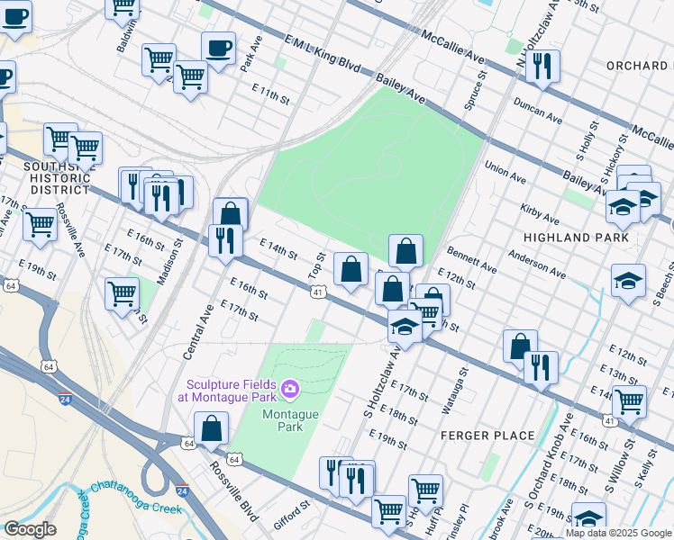 map of restaurants, bars, coffee shops, grocery stores, and more near 1111 East 14th Street in Chattanooga