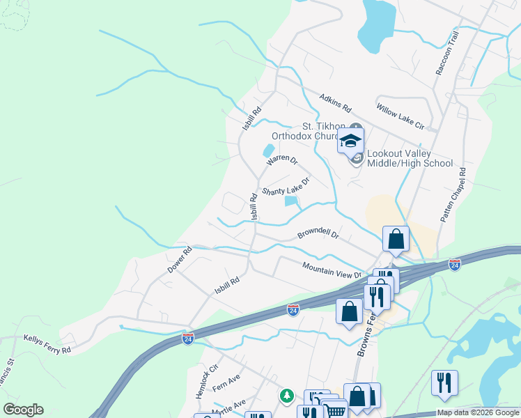 map of restaurants, bars, coffee shops, grocery stores, and more near 218 Isbill Road in Chattanooga