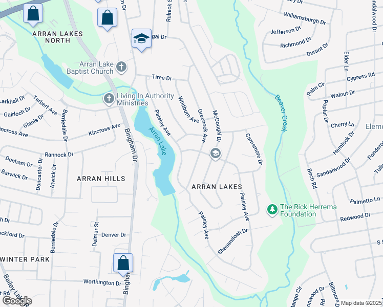 map of restaurants, bars, coffee shops, grocery stores, and more near 6105 Ormskirk Drive in Fayetteville