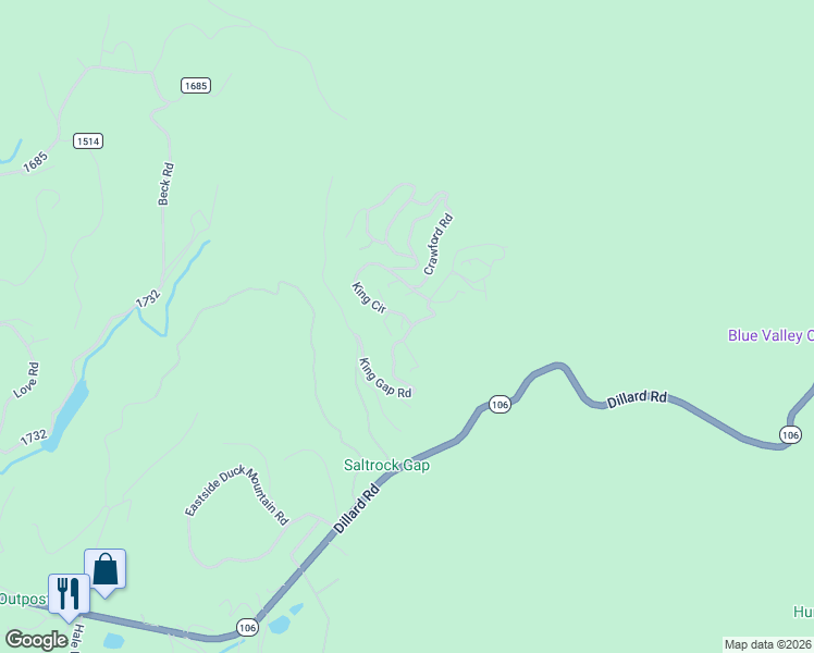 map of restaurants, bars, coffee shops, grocery stores, and more near 28 King Gap Road in Highlands