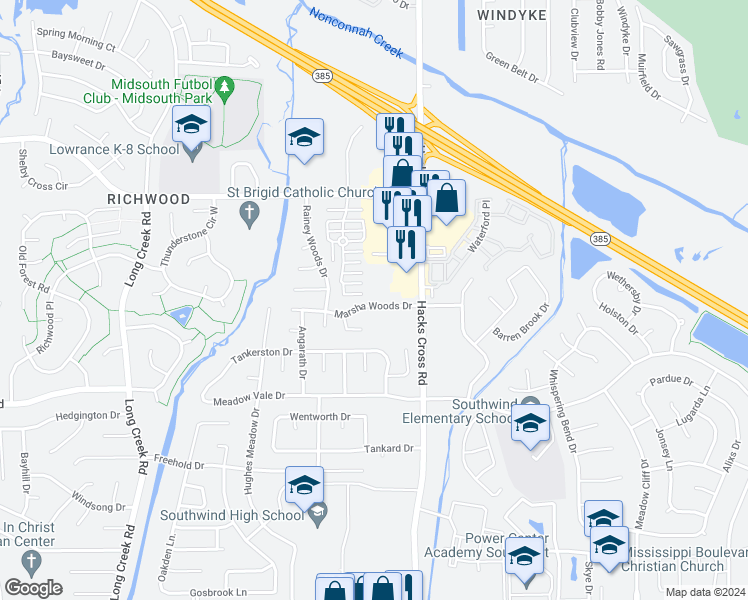 map of restaurants, bars, coffee shops, grocery stores, and more near 7952 Marsha Woods Drive in Memphis