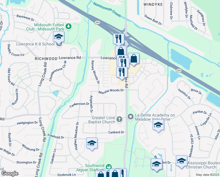 map of restaurants, bars, coffee shops, grocery stores, and more near 7942 Marsha Woods Drive in Memphis