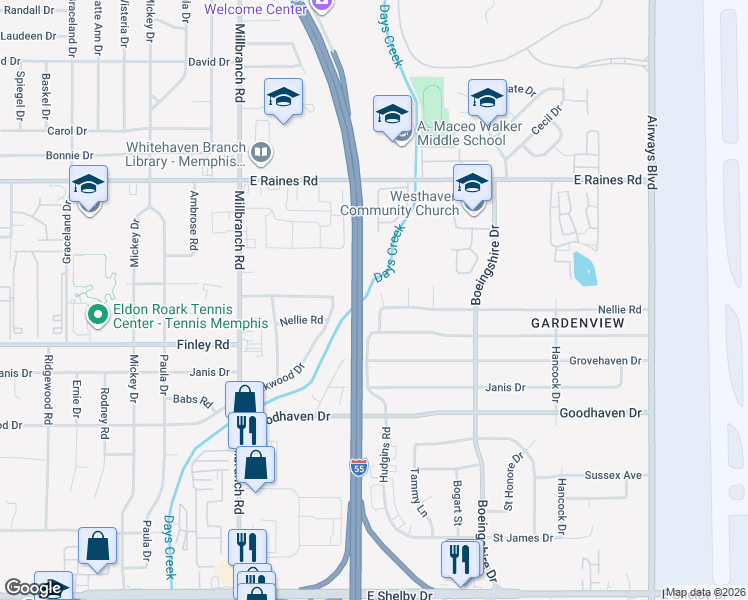 map of restaurants, bars, coffee shops, grocery stores, and more near 4311 Hudgins Road in Memphis