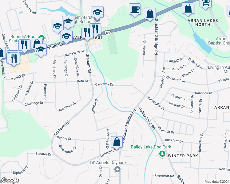 map of restaurants, bars, coffee shops, grocery stores, and more near 1224 Cullen Drive in Fayetteville
