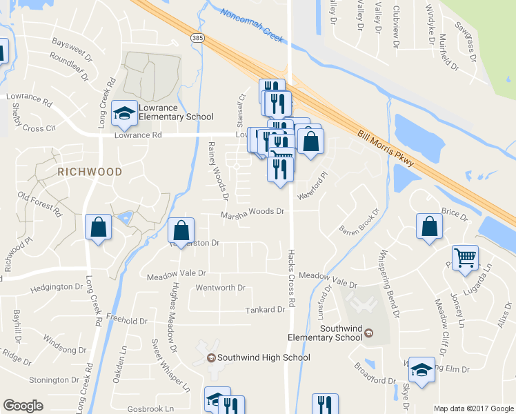map of restaurants, bars, coffee shops, grocery stores, and more near 7950 Marsha Woods Drive in Memphis