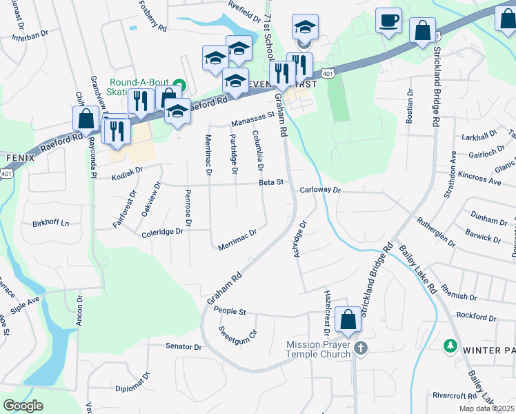 map of restaurants, bars, coffee shops, grocery stores, and more near 2043 Merrimac Drive in Fayetteville