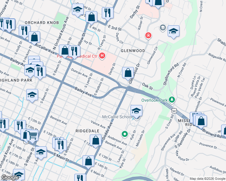 map of restaurants, bars, coffee shops, grocery stores, and more near 2509 Chamberlain Avenue in Chattanooga
