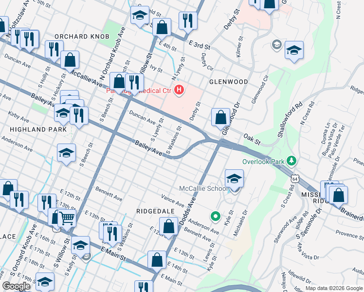 map of restaurants, bars, coffee shops, grocery stores, and more near 2430 Chamberlain Avenue in Chattanooga
